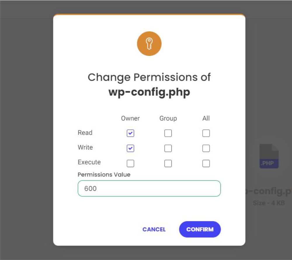 change permissions of wp-config screen