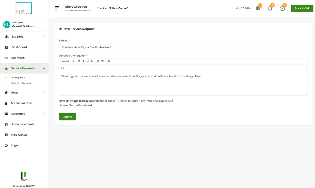 Service request submitted via Proto to resolve an emergency