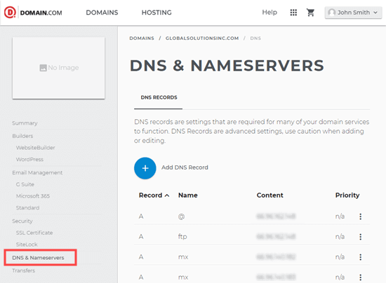Domain.com user account and look for “DNS & Nameservers.”