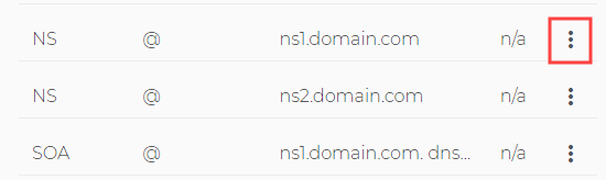 select the domain you wish to configure, and then scroll down to find “ns1” and “ns2” domains. Click the “three dots” symbols next to “ns1” to start.