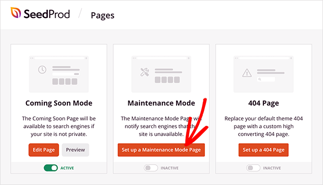 SeedProd’s settings window in the WordPress dashboard, select “Landing Pages,” then select “Set up a Maintenance Mode Page” on the following screen.