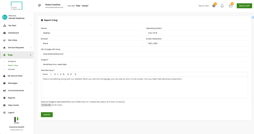 Screenshot of somebody submitting a bug report via Proto about a WordPress Fetal Error