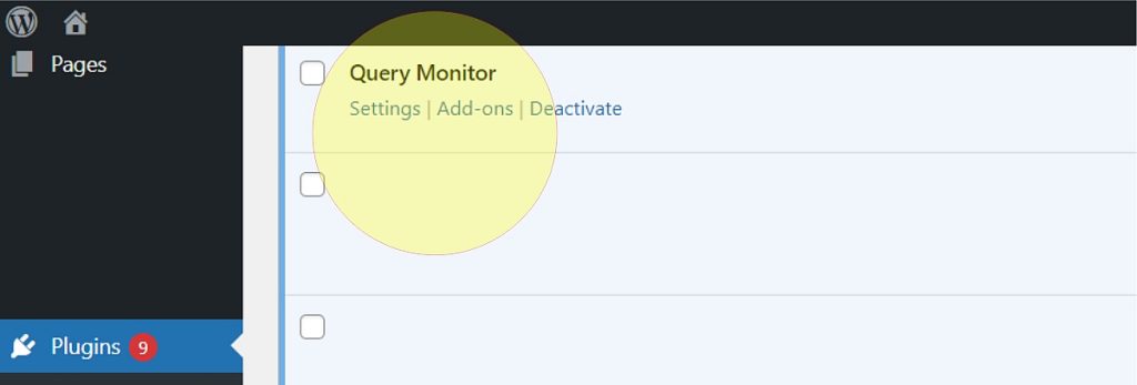 “Plugins” on WordPress dashboard, showing Query Monitor