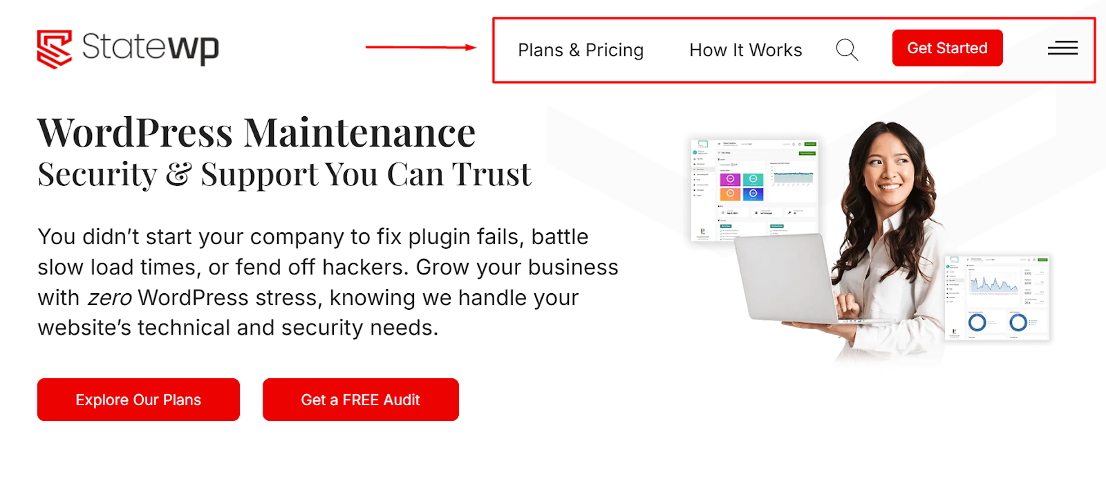 StateWP navigation menu highlighted in red box to showcase a clear and descriptive menu
